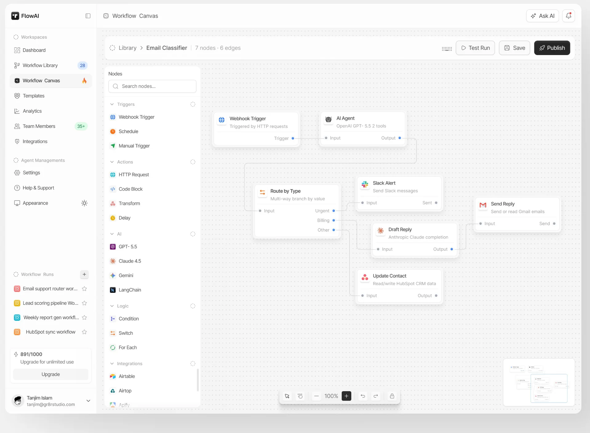 FlowAI Node Workflow Canvas